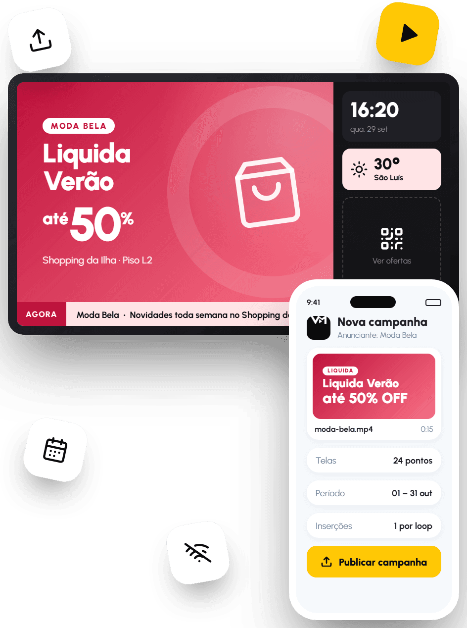 TV exibindo um anúncio e celular criando uma campanha no VM Player