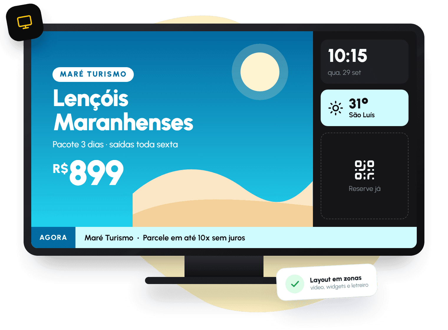 TV horizontal com suporte exibindo um anúncio de turismo em layout com zonas