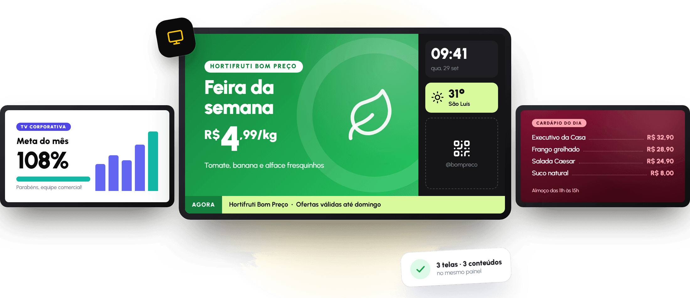 Três TVs exibindo TV corporativa, anúncio de hortifrúti e cardápio digital