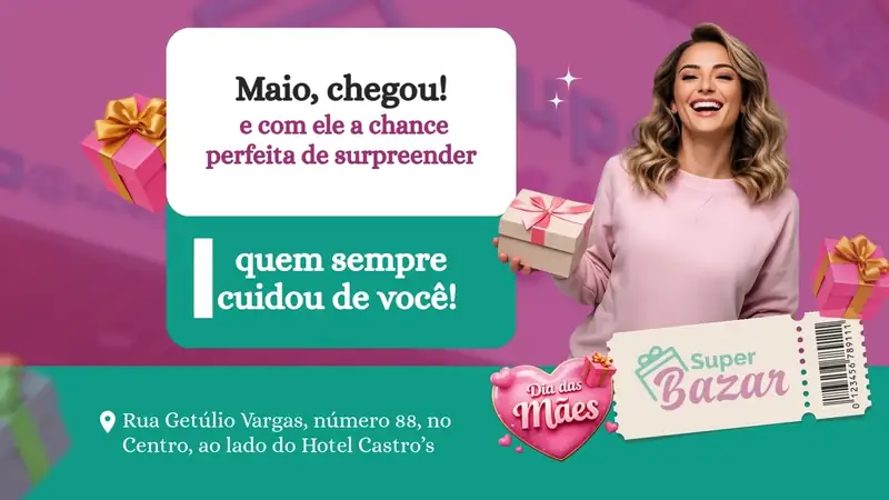 Anúncios do Super Bazar, da Biofarma e da Clínica Sorridente passando na TV